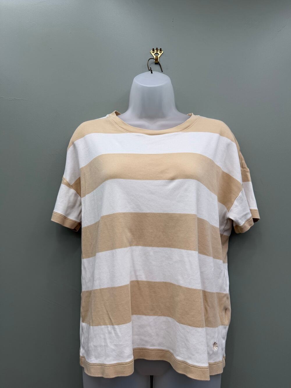 Isaac Mizrahi Live Essentials Pima Cotton Beige Stripe Short Sleeve Top Medium
